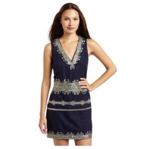French Connection Midnight Moscow Dress with Metallic Lace Embroidery - …